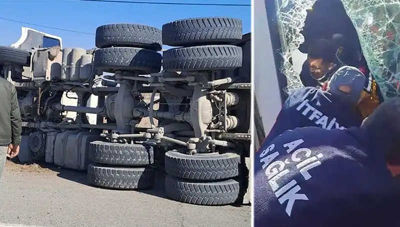 Virajı Alamayan Kamyonun Yan Yattığı Kaza Şoku